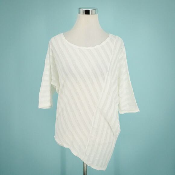 Sundance Size Medium M White Stripe 3/4 Sleeve Asymmetrical Cotton Linen Top - Picture 1 of 5